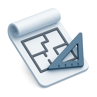 3D Architectural Plan Icon with Ruler and Notepad