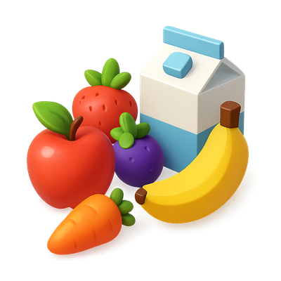 Colorful 3D Food Icon Featuring Fruits and Milk