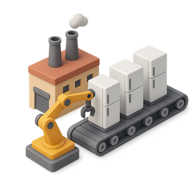 3D Industrial Factory Icon with Conveyor and Robotic Arm
