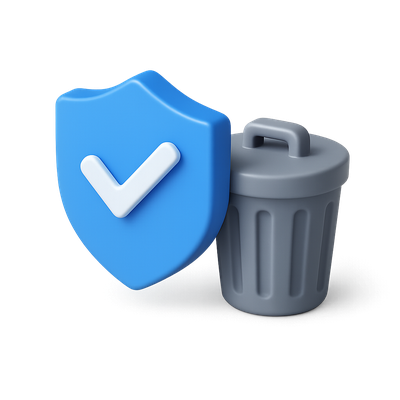 3D Icon Representing Deletion with Shield and Trash Bin