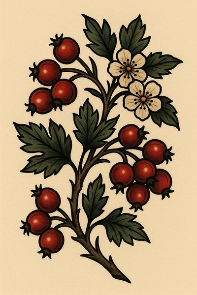 Illustration of Red Berries and Flowers on Cream Background
