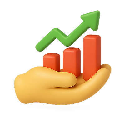 3D Hand Holding Bar Graph with Upward Trend Arrow