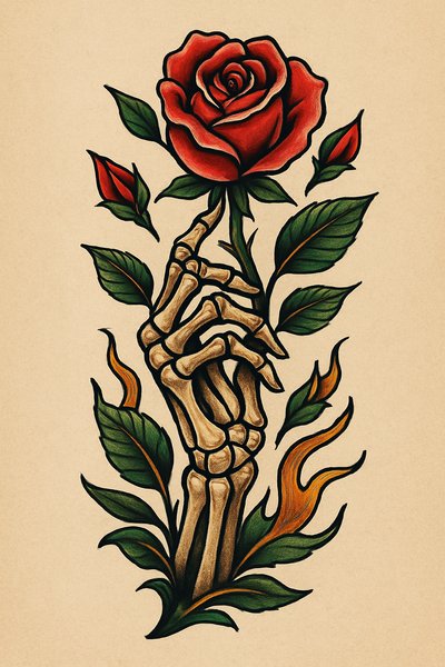 Tattoo-style illustration of a skeleton hand holding a rose