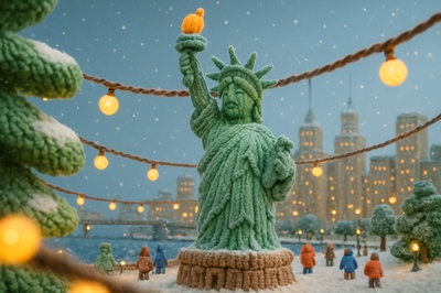 Knitted Winter Statue of Liberty Scene in New York