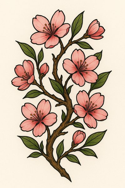 Illustration of Cherry Blossom Branch with Pink Flowers
