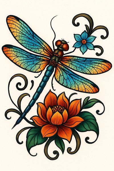 Colorful Dragonfly and Floral Tattoo Design