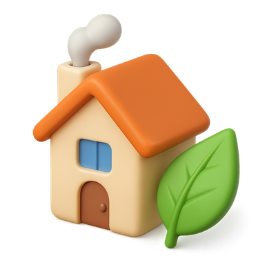 3D Icon of House with Smoke and Leaf in Isometric View