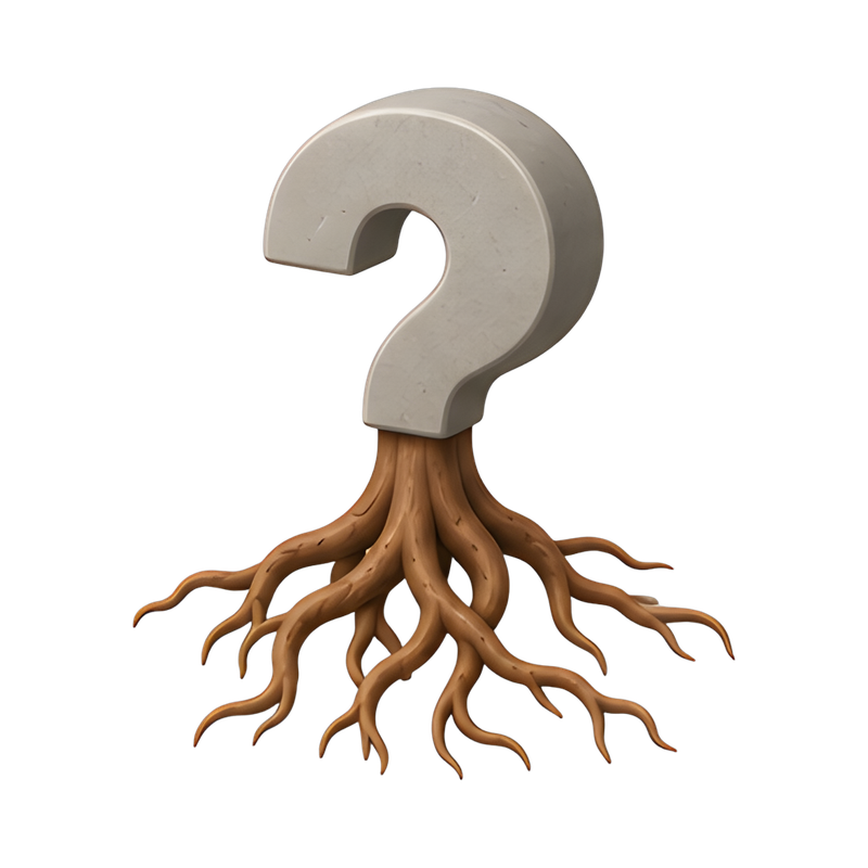 question mark sculpture with roots