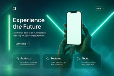 Futuristic Neon Landing Page Design with Phone and Light Effects