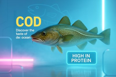 3D Illustration of Cod Fish with Nutritional Highlights