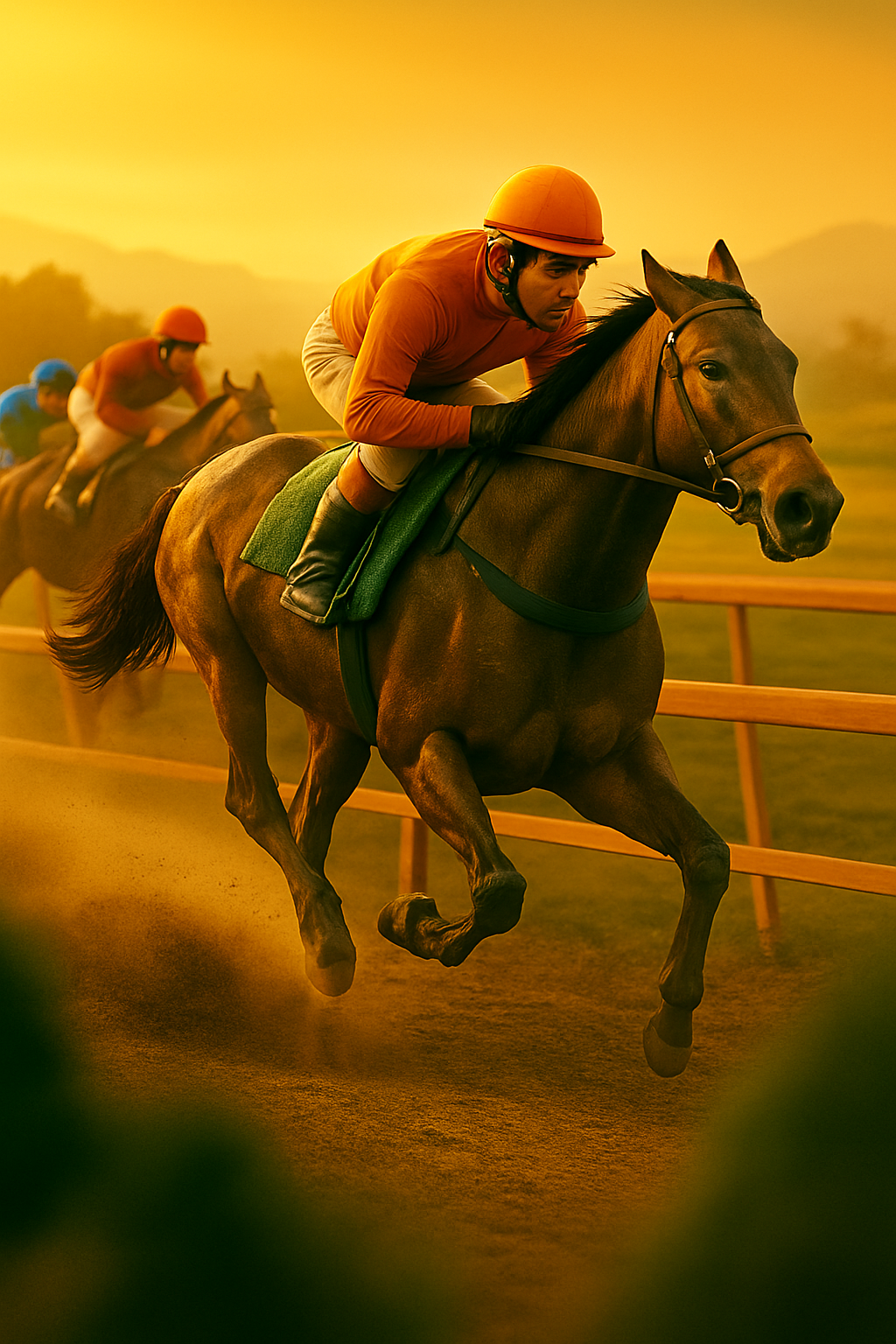 Dynamic Horse Racing Scene at Sunset