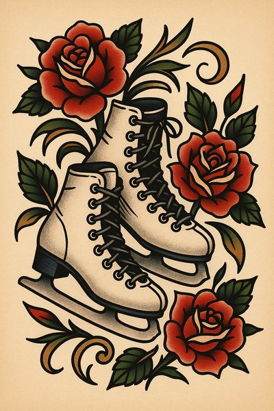 Vintage Style Ice Skates with Roses Illustration