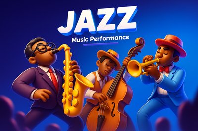 Dynamic Jazz Performance Illustration with Musicians and Instruments