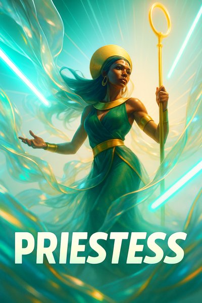 Dynamic Neon Priestess in Ethereal Glow