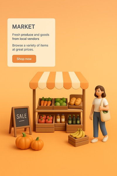 Detailed 3D Illustration of a Market Scene with Fresh Produce