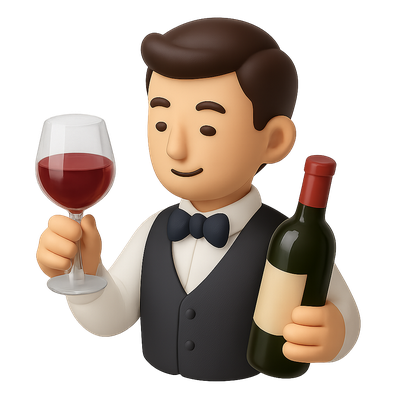 Stylized 3D Sommelier Icon with Wine Glass and Bottle