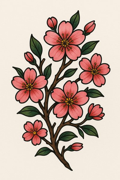 Illustration of Pink Cherry Blossom Branch