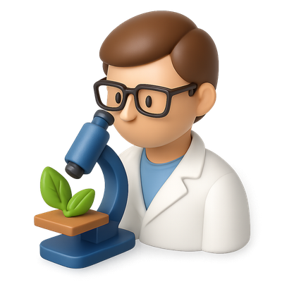 3D Biologist Icon with Microscope and Plant