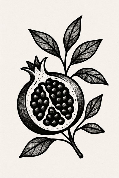 Stylized Illustration of a Pomegranate with Leaves