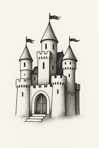 Illustration of a whimsical castle with flags