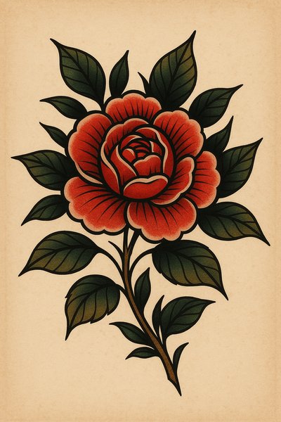 Vintage-style tattoo art of a rose with detailed leaves