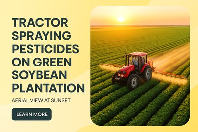Aerial View of Tractor Spraying Pesticides on Soybean Fields at Sunset