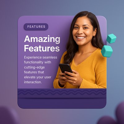 Smiling Latin American Woman with Smartphone and Features Block