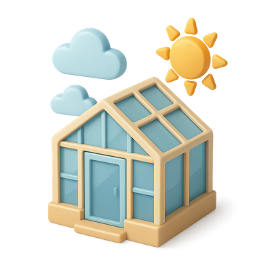 3D Greenhouse Icon with Sun and Clouds in Isometric View