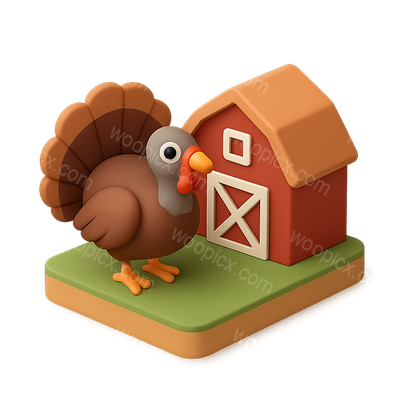 Colorful 3D Turkey Icon with Farmhouse