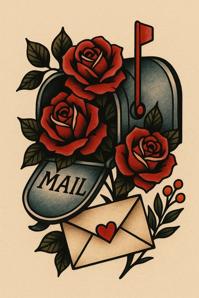 Vintage mailbox illustration with roses and love letter