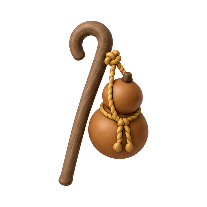 rustic pilgrim staff and gourd