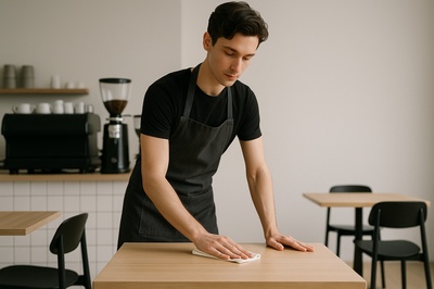 Modern Barista Cleaning Table in Minimalist Café