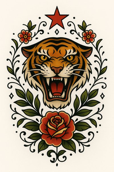 Bold Tattoo Design Featuring a Roaring Tiger and Floral Elements