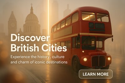 Promotional Travel Banner Featuring Iconic British Bus