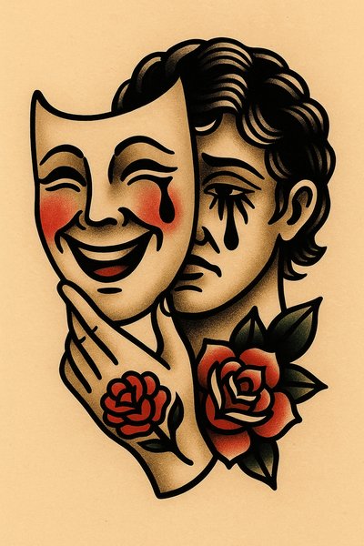 Hidden Pain Behind the Mask: A Colorful Tattoo Sketch