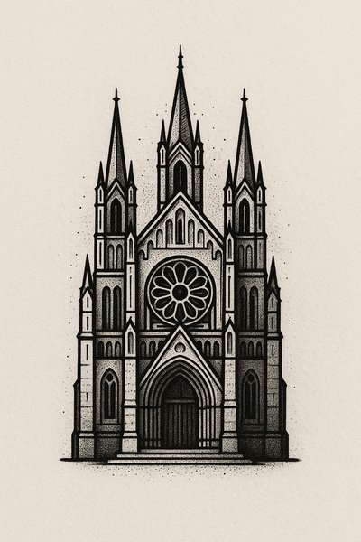 Detailed Gothic Cathedral Illustration in Monochrome Style