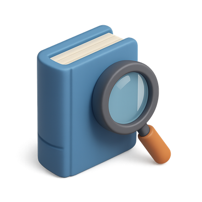 3D Icon of a Book with Magnifying Glass for Research