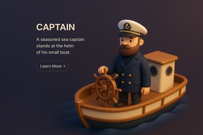 3D Captain Character on a Boat in Dark Background