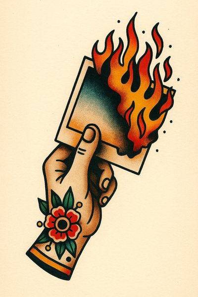 Burning Photograph Held by a Hand with Tattoo