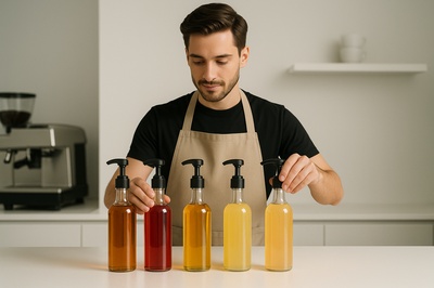 Stylish Barista Arranging Syrups in Minimalist Setting