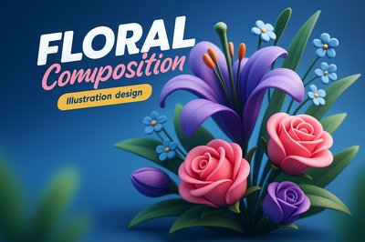 Dynamic Floral Composition with 3D Illustration