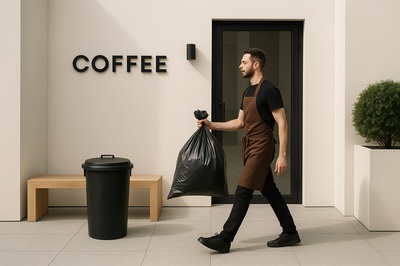 Barista Taking Out Trash in a Modern Coffee Shop