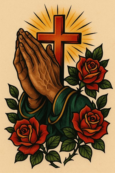 Illustration of Praying Hands with a Cross and Roses