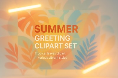 Tropical Summer Greeting Clipart Set with Vibrant Leaf Designs