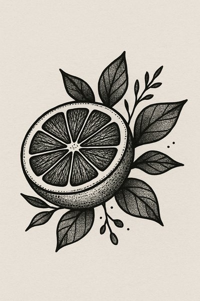 Artistic illustration of a lemon with leaves