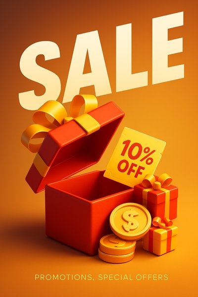 Energetic 3D Gift Box Promotion with Bold Sale Announcement