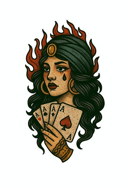 Stylized Tarot Card Illustration Featuring a Woman with Playing Cards