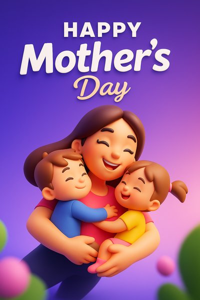 Vibrant Happy Mother's Day 3D Illustration with Mother and Children