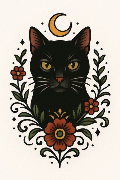 Illustrative Black Cat Design with Floral Elements