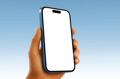 Blue smartphone held in hand with a blank screen